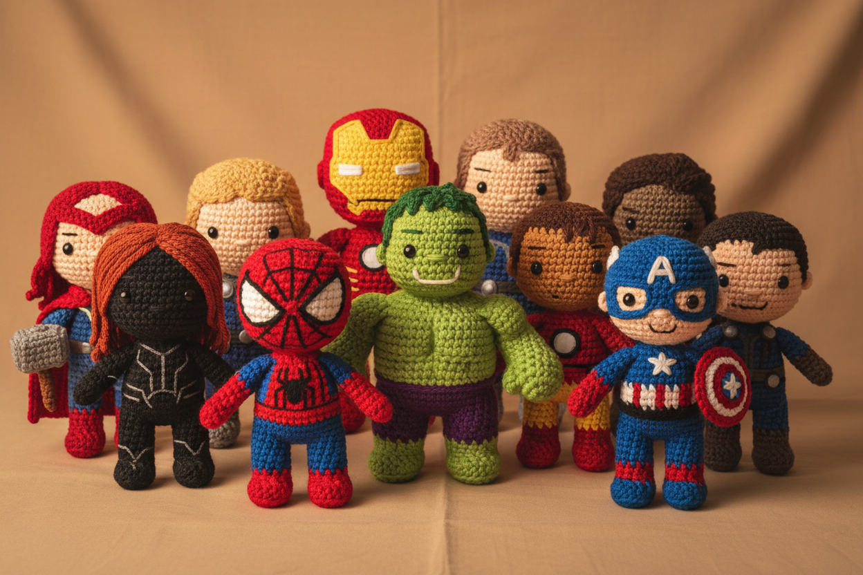 生成一张漫威系列钩针玩偶主图，要人物齐全，色调温暖